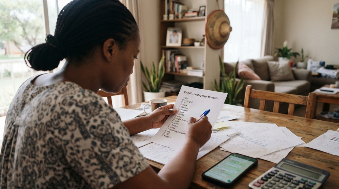 Business owner in Botswana reviewing a printed checklist of essential landing page elements on a desk.