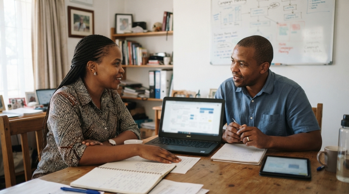 Botswana entrepreneur discussing the planning of a dedicated landing page with a colleague in a small office.