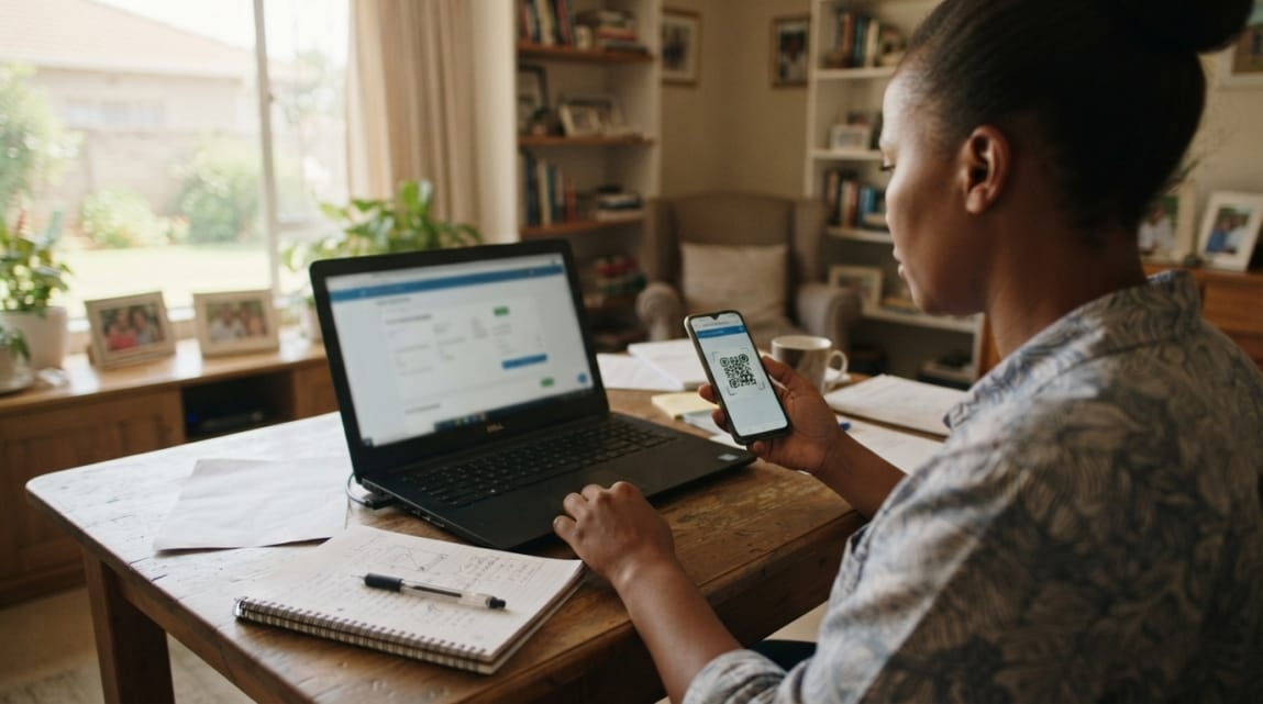 Business owner in Botswana creating a direct review link and QR code on a laptop and smartphone.