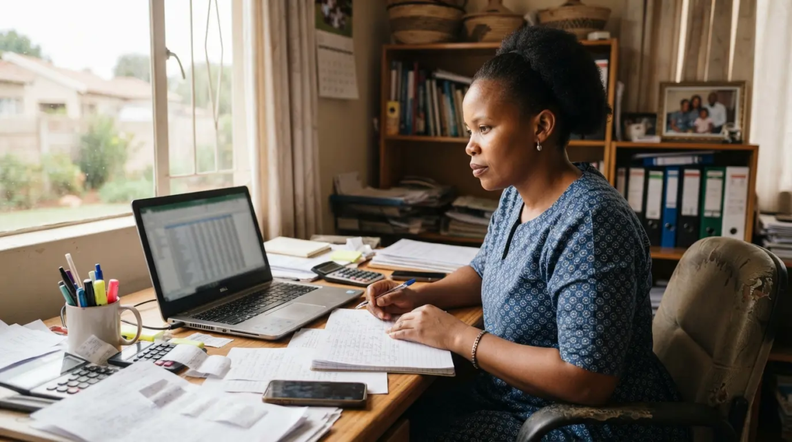 Business owner in Botswana planning marketing budget using a laptop and papers.