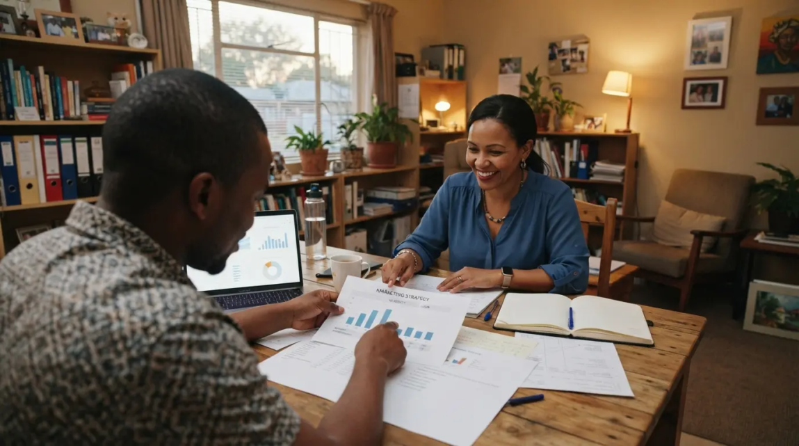 Two colleagues in Botswana comparing Google Ads and SEO strategies using printouts.