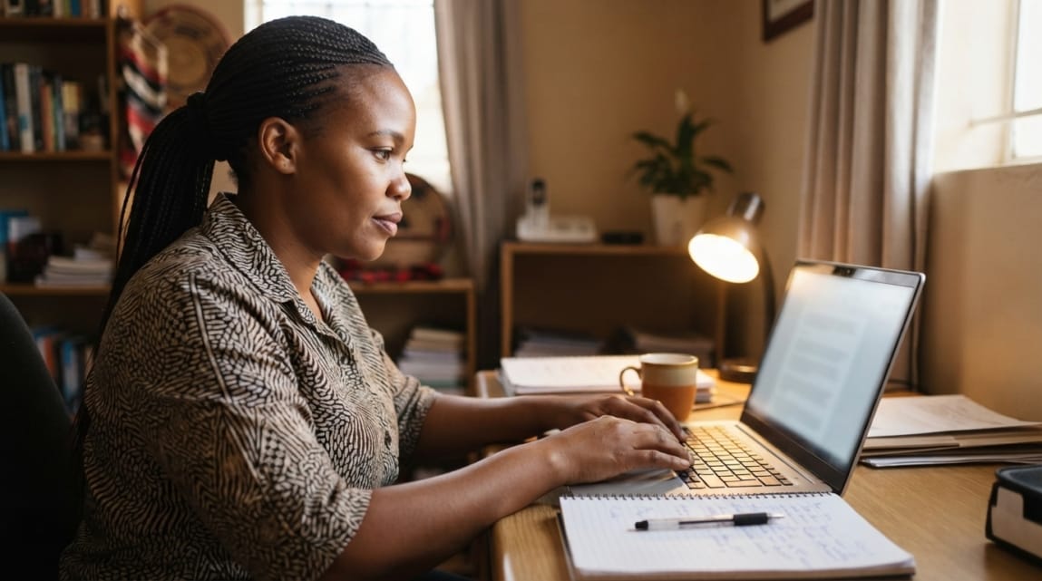 Professional in Botswana responding to Google reviews on a laptop in a focused workspace.