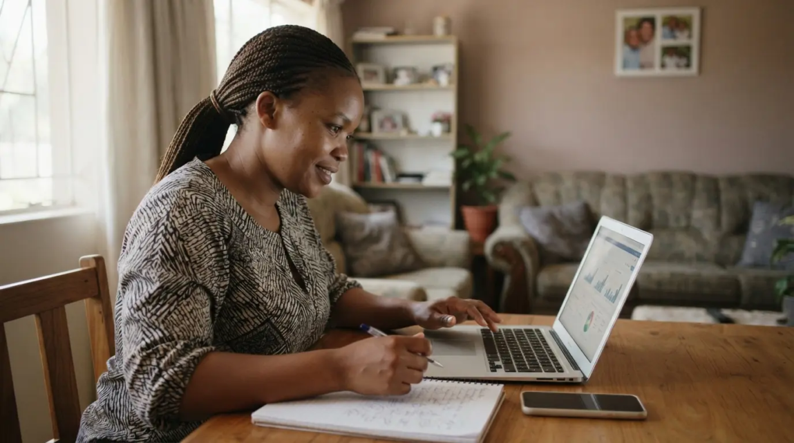 Business owner in Botswana preparing a Google Ads campaign with a laptop and smartphone.