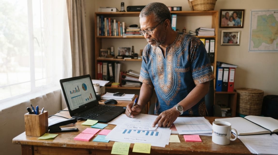 Motswana business owner comparing various digital marketing strategies with charts and a laptop on a desk.