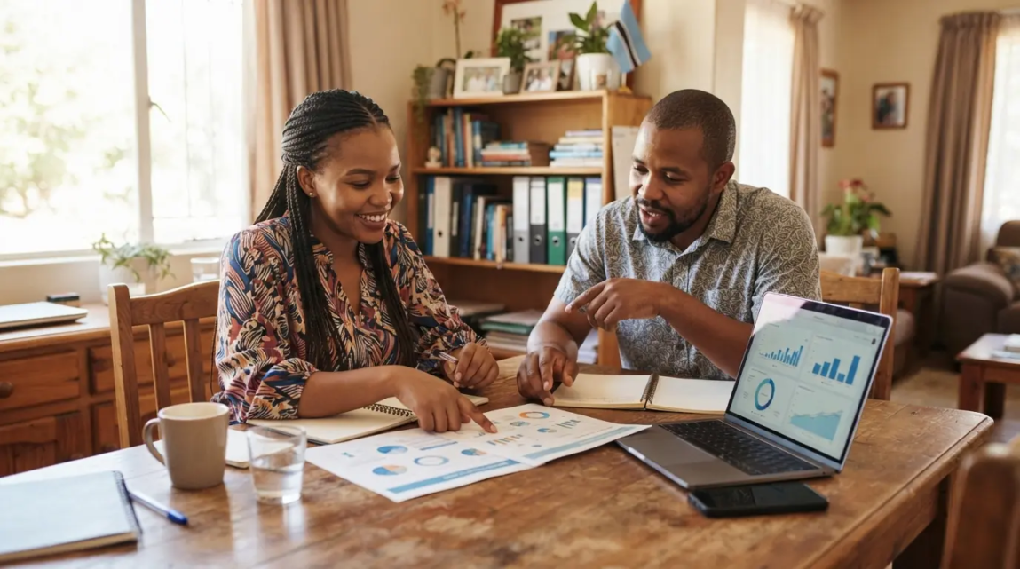 Two Botswana business professionals discussing a digital marketing strategy at a table with documents and a laptop.