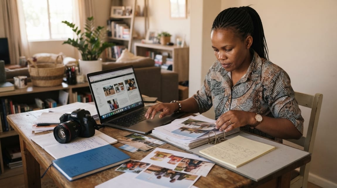 Botswana business owner organizing website content materials on a desk with a laptop.
