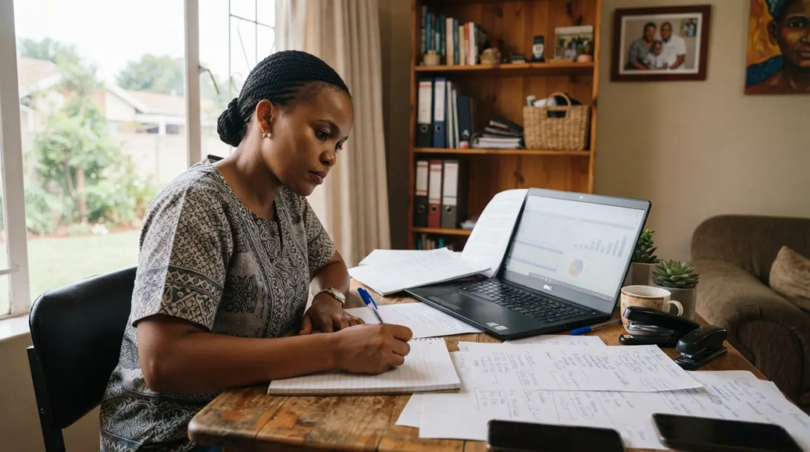 A Botswana business owner writing down strategic business goals at a desk with a laptop and papers.
