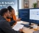 A Botswana web developer and business owner reviewing AI-generated code alongside a live website preview on an ultrawide monitor.