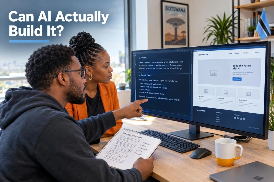 A Botswana web developer and business owner reviewing AI-generated code alongside a live website preview on an ultrawide monitor.