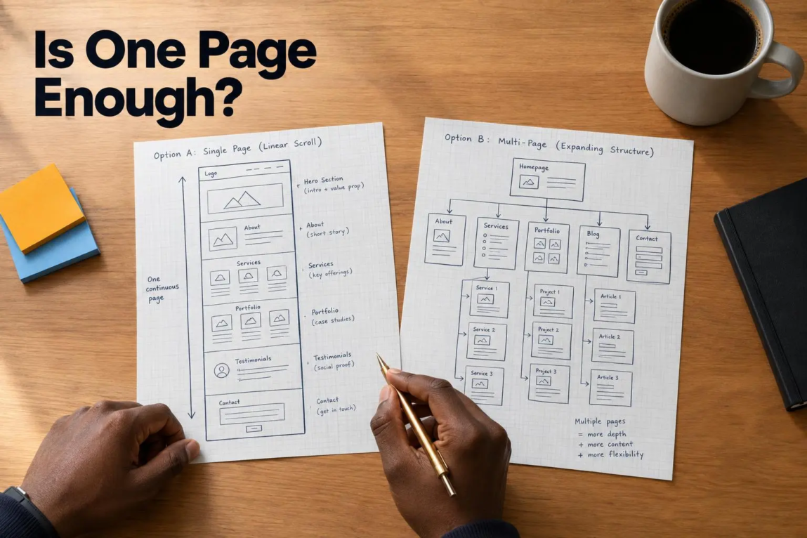 Two website wireframe sketches on a wooden desk comparing a single-page scrolling layout to a multi-page site structure.