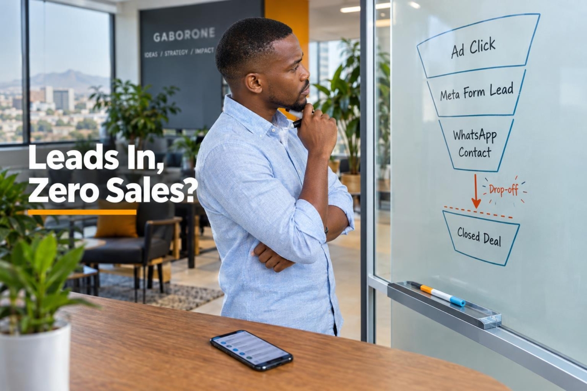 A marketing strategist analyzing a sales funnel diagram on a glass board showing a drop-off between lead acquisition and closed deals.