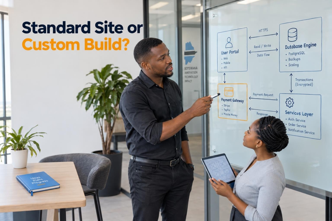 A business owner and a technical architect discussing system architecture diagrams on a glass whiteboard in an office.