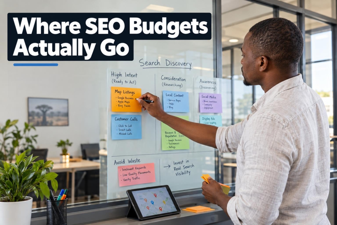 A Botswana business owner organizing marketing expense notes and digital visibility plans on a glass office board.