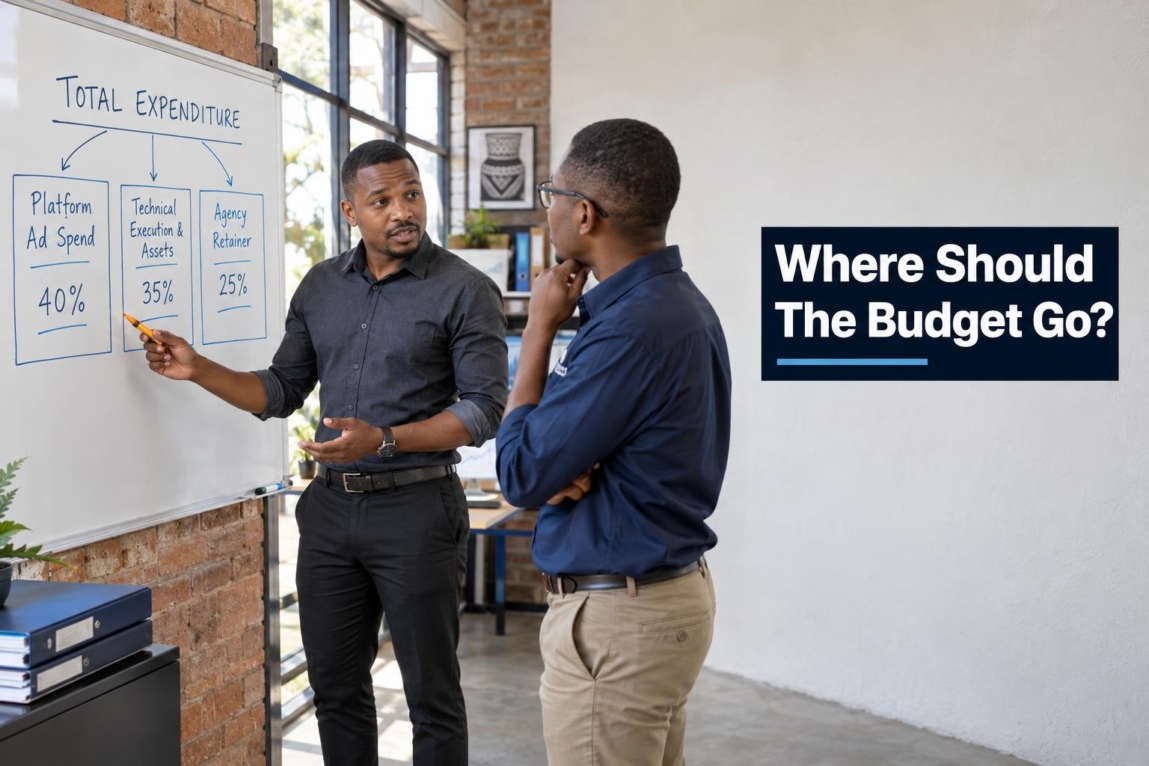 A Botswana business owner planning digital marketing budget allocations on an office whiteboard.
