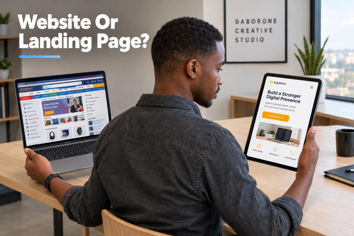A marketing professional comparing a cluttered website layout against a focused single-call-to-action digital landing page on a tablet.