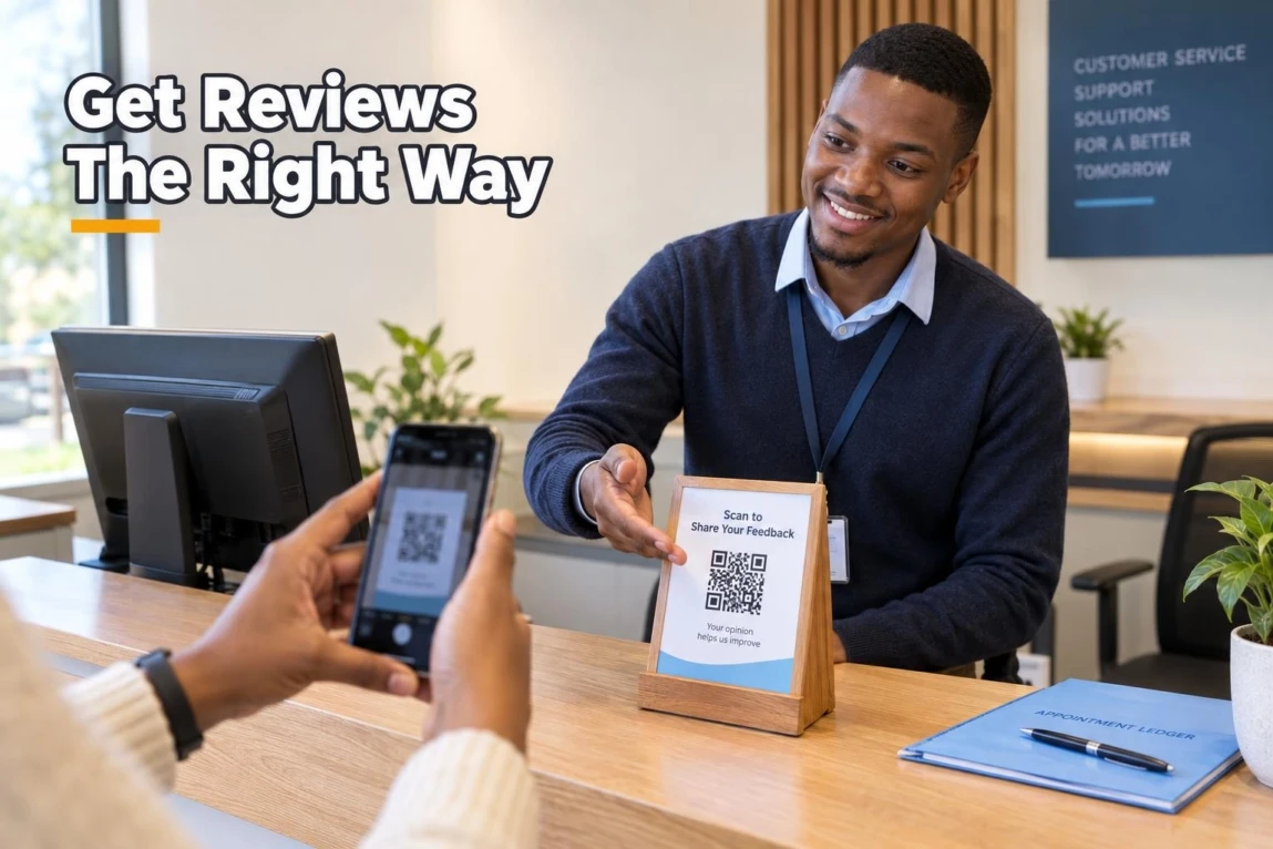 Customer holding a smartphone to scan a QR code on a wooden counter stand at a Botswana business reception desk