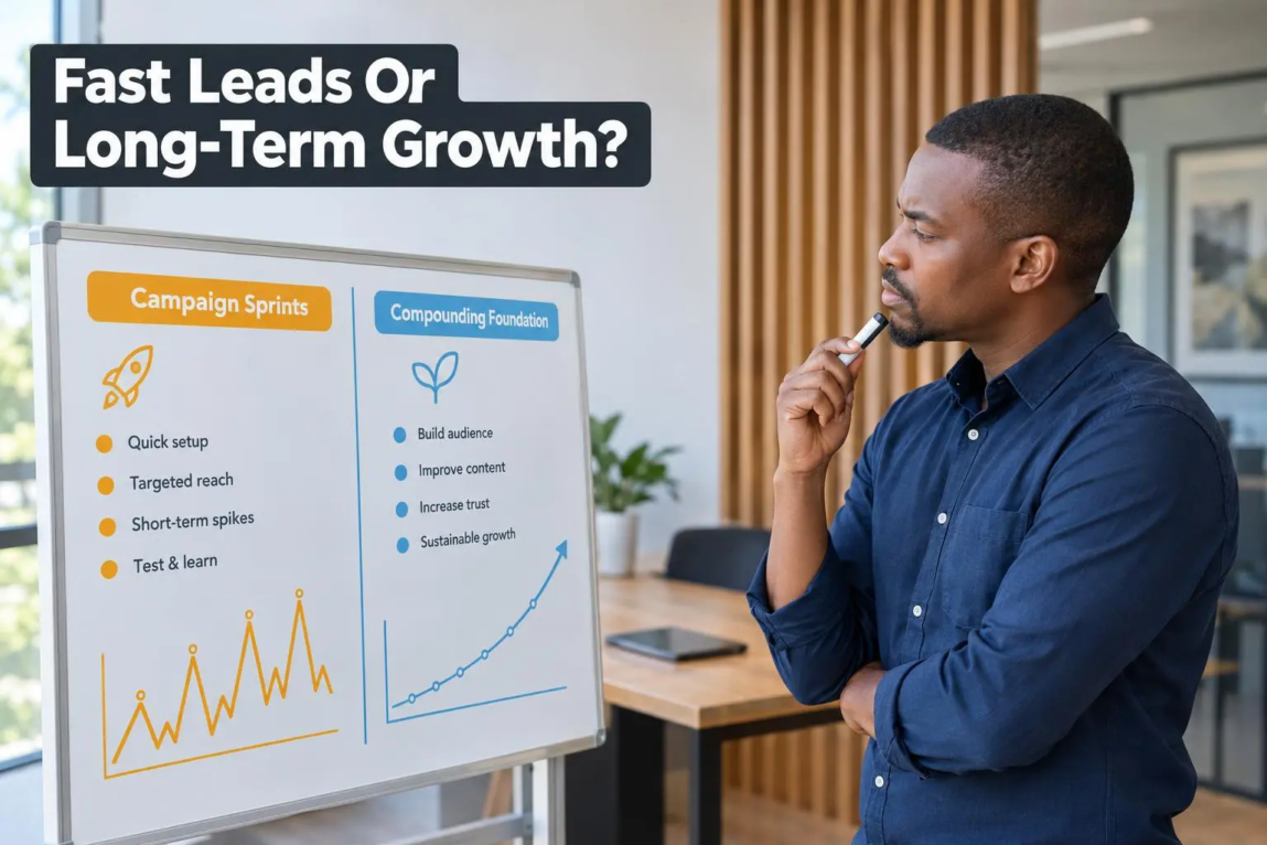 A Botswana business owner evaluating digital marketing strategies between paid advertising and organic search on a whiteboard.