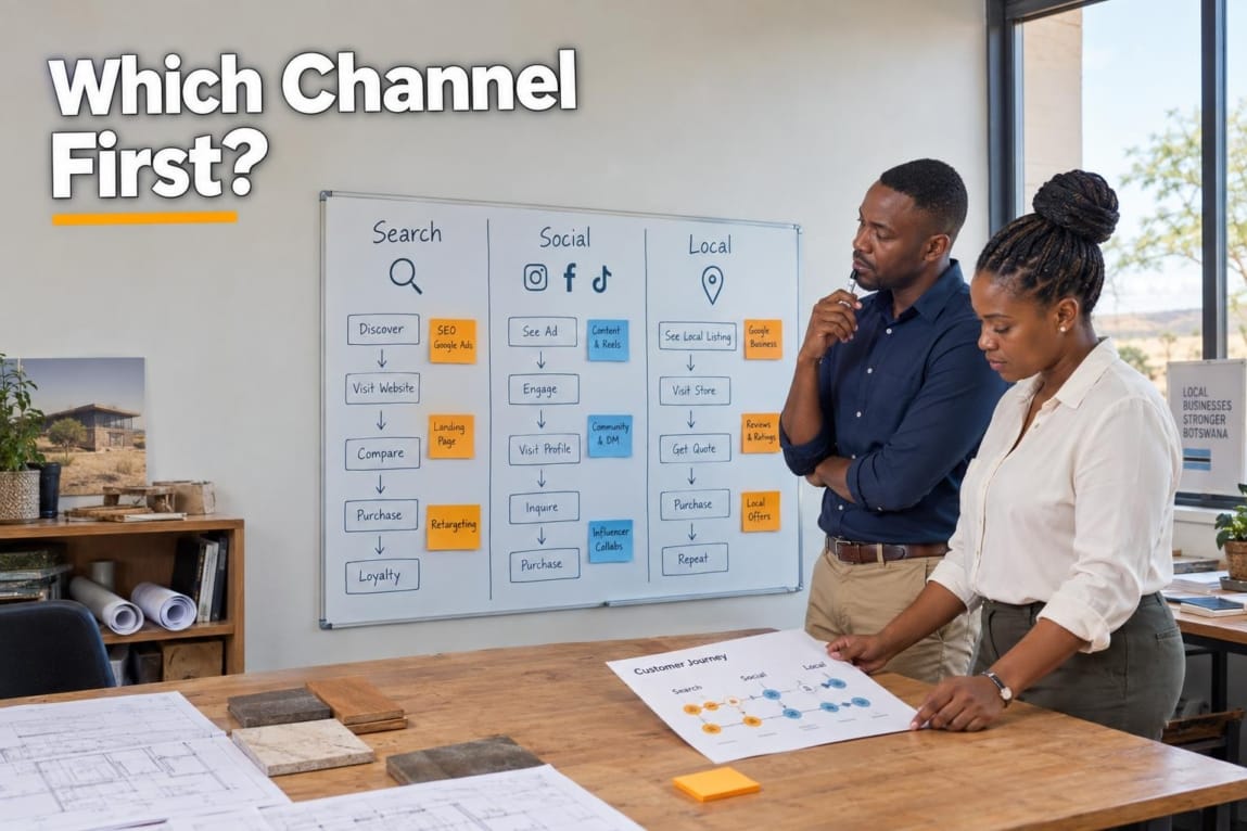 Two business owners evaluating digital marketing pathways on a whiteboard in an office workshop