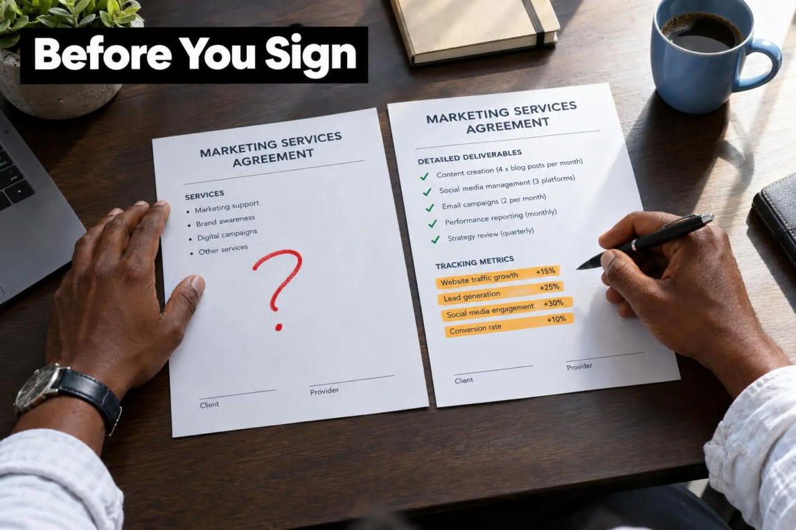 Two marketing proposals laid side by side on a wooden office desk showing clear versus vague deliverables being reviewed by a manager.