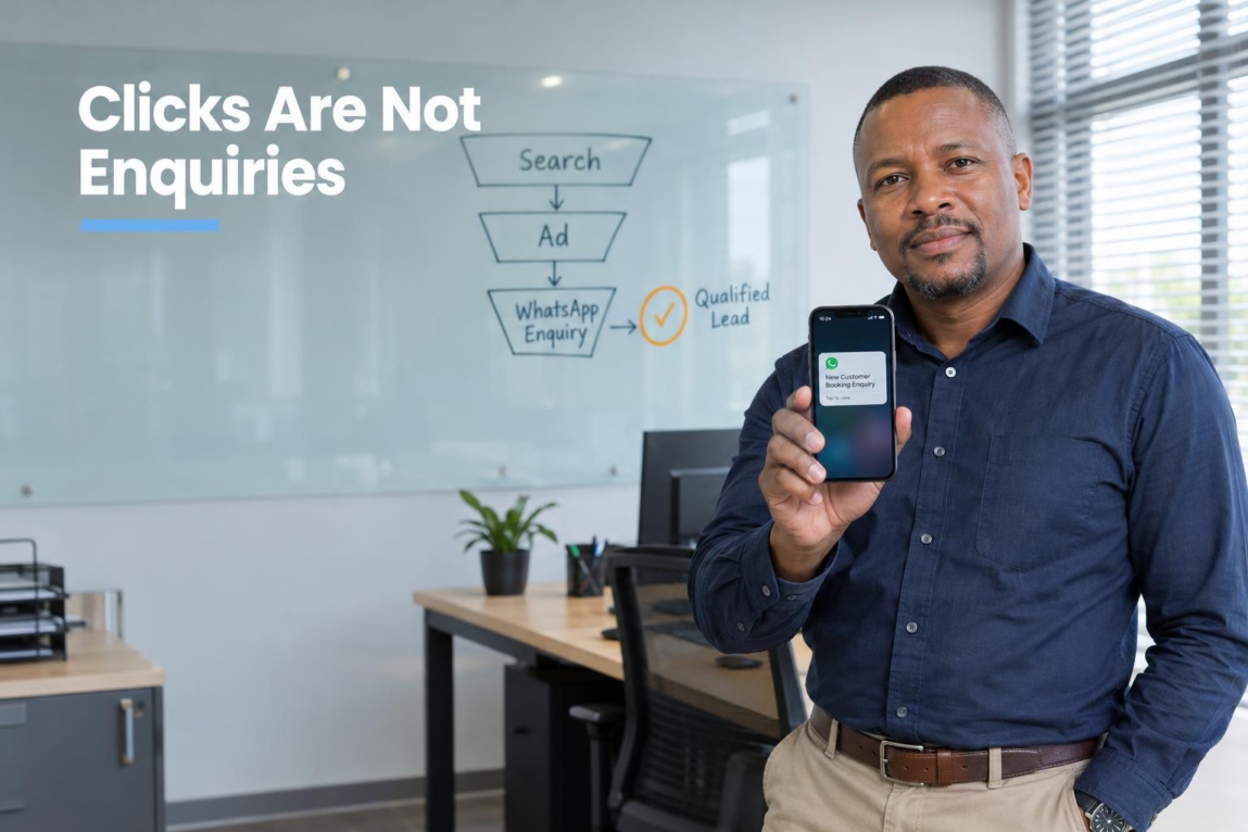 A Botswana business owner reviewing a new customer enquiry on a smartphone in a modern commercial office.