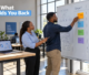 Two web specialists reviewing website architecture and priority cards on an office whiteboard