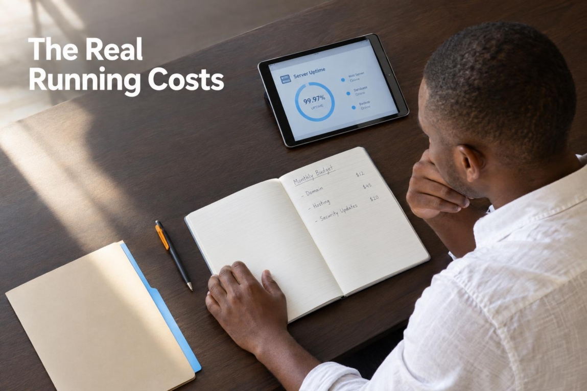 A business owner reviewing recurring website expenses, hosting, and domain budgets on a workspace tablet and ledger.