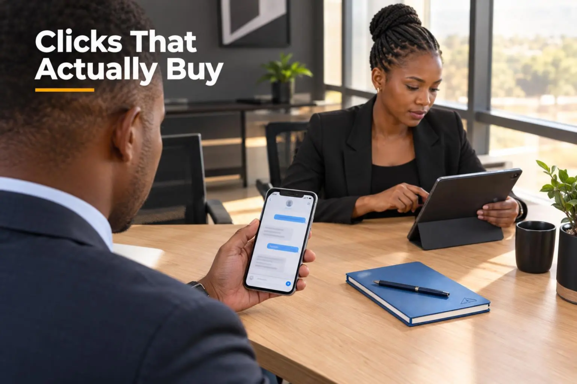 Botswana business manager managing incoming customer conversations on a smartphone beside an ad planning tablet.