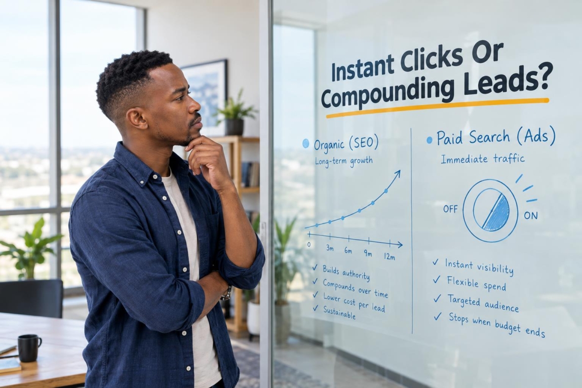 A business owner reviewing organic search growth and paid advertising pathways plotted on a modern glass partition board.