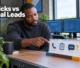 A marketing manager pointing to phone, form, and messaging conversion icons on a desktop planning board in an office.
