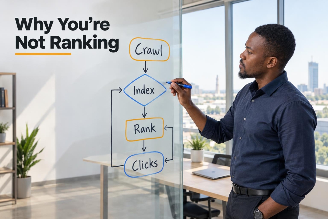 A business founder mapping out a search visibility diagnostic flowchart on a glass board in an office.