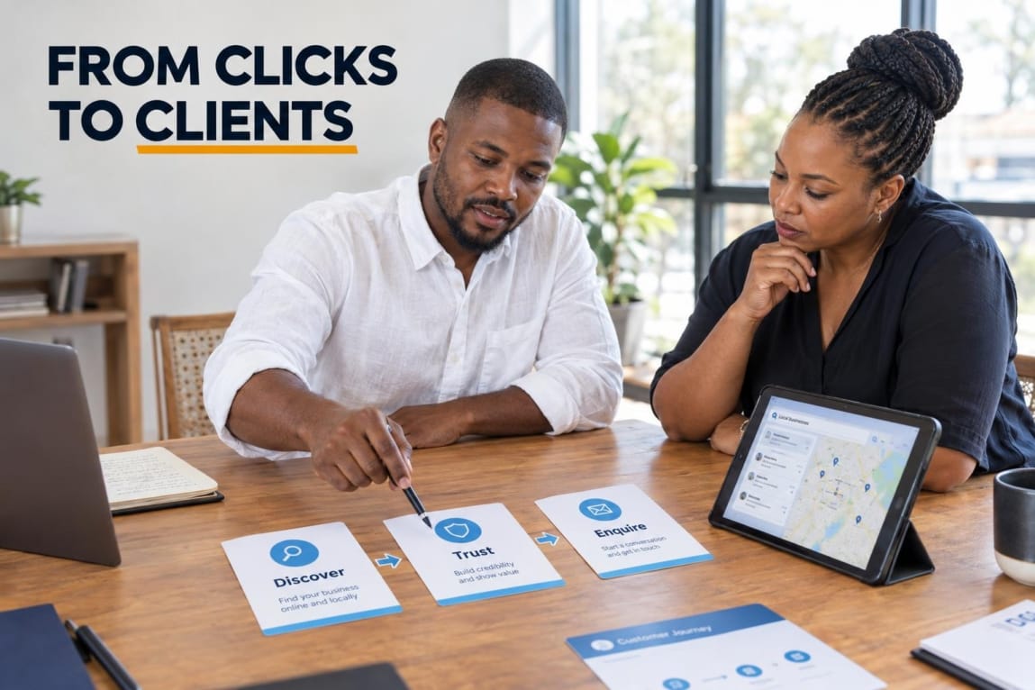 Two Botswana business owners actively planning a digital customer acquisition pipeline on a collaborative worktable.